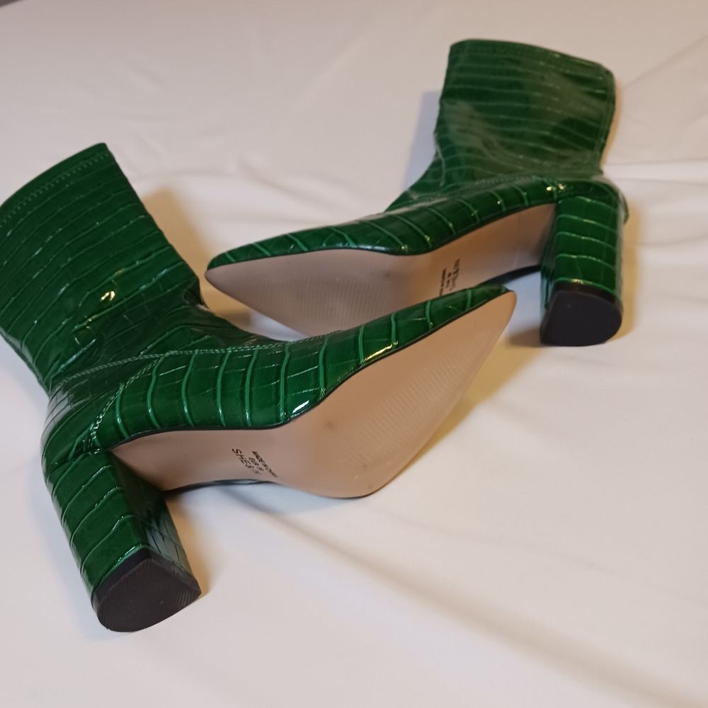 Emerald Green Croc Embossed Mid-Calf Boots Retro Glam Y2K Size EU 39 US 8.5 - Picture 5 of 11